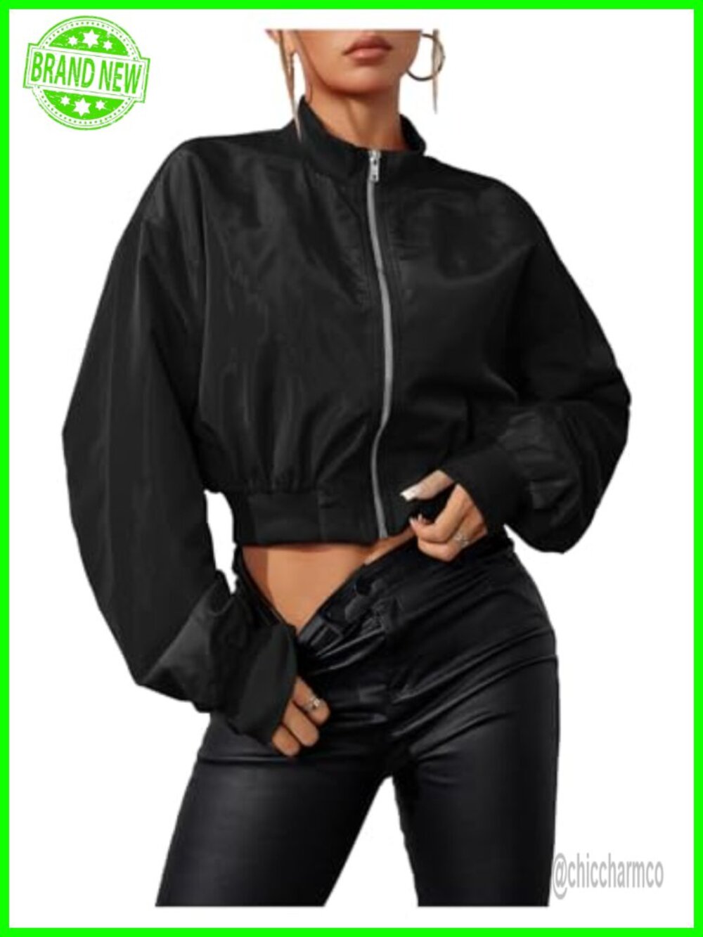 Cropped Bomber Jacket Lightweight Zip Up Long Sleeve Casual Outerwear